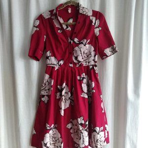 vintage inspired Anthropologie shirt waist dress, red with floral pattern